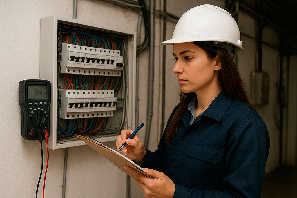 noia-instalacio-electrica Operaria comprovant instal·lació elèctrica